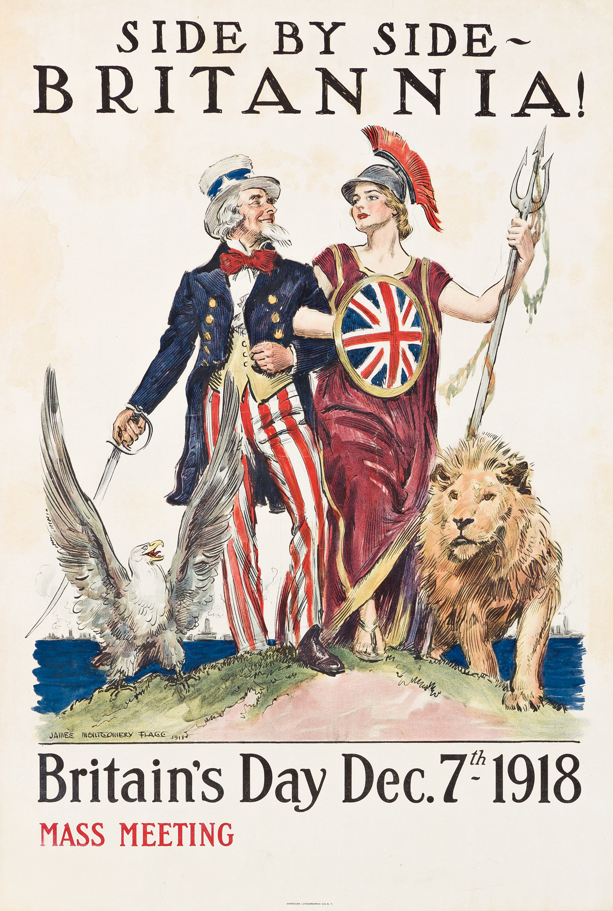 JAMES MONTGOMERY FLAGG (1870-1960).  SIDE BY SIDE - BRITANNIA! / BRITAINS DAY. 1918. 30x20¼ inches, 76¼x51½ cm. American Lithographic